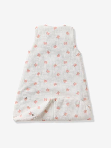 Customisable summer baby sleeping bag with central opening in cotton muslin, NOEUDS printed white 