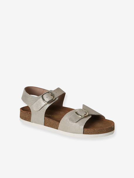 Leather sandals with double buckles gold+pale pink 
