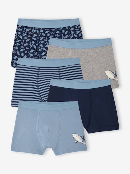 Pack of 5 shark print boxers for boys grey blue 