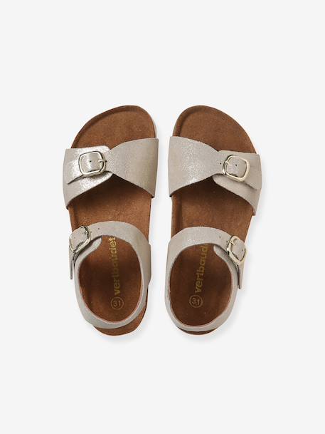 Leather sandals with double buckles gold+pale pink 