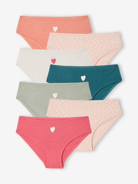 Pack of 7 girls' heart print organic cotton briefs fuchsia 