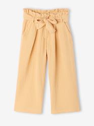 Girls-Cropped, Wide Leg Paperbag Trousers in Cotton Gauze for Girls