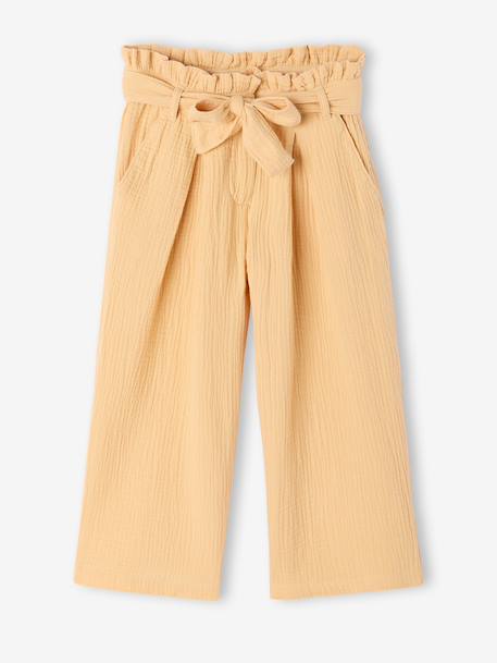 Cropped, Wide Leg Paperbag Trousers in Cotton Gauze for Girls beige+green+old rose+sage green+yellow 