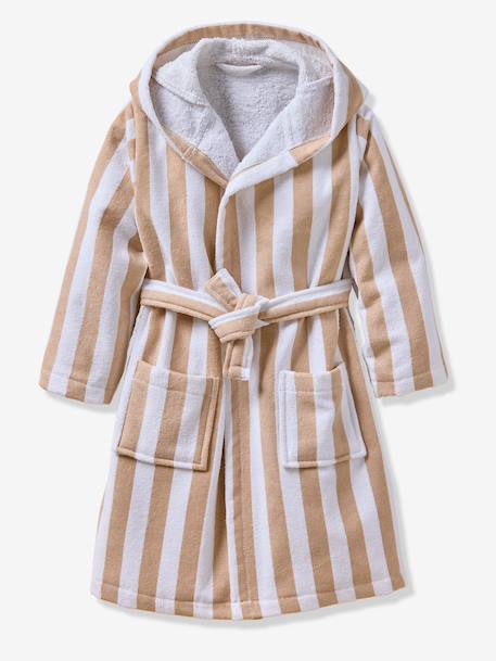 Customisable children's bear bathrobe, with recycled cotton striped beige 