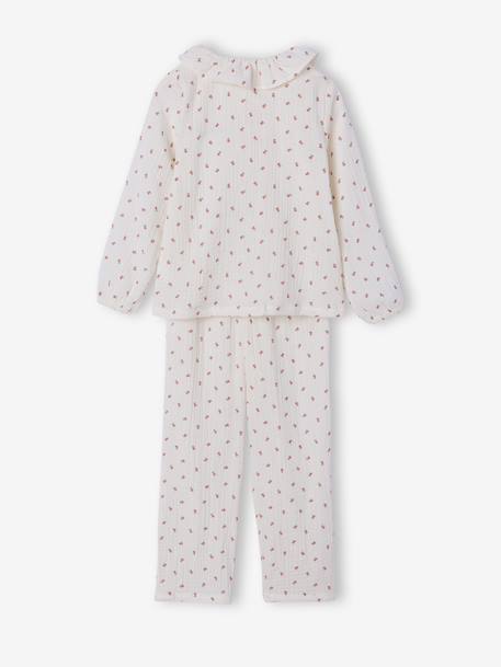 Girls' floral cotton muslin pyjamas ecru 