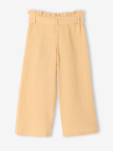Cropped, Wide Leg Paperbag Trousers in Cotton Gauze for Girls beige+green+old rose+sage green+yellow 