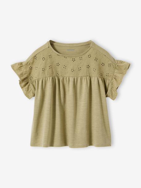 Girl's t-shirt with embroidered details coral+ecru+khaki 