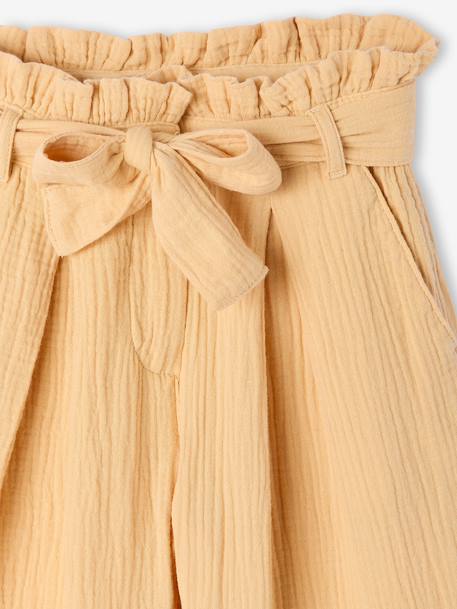 Cropped, Wide Leg Paperbag Trousers in Cotton Gauze for Girls beige+green+old rose+sage green+yellow 