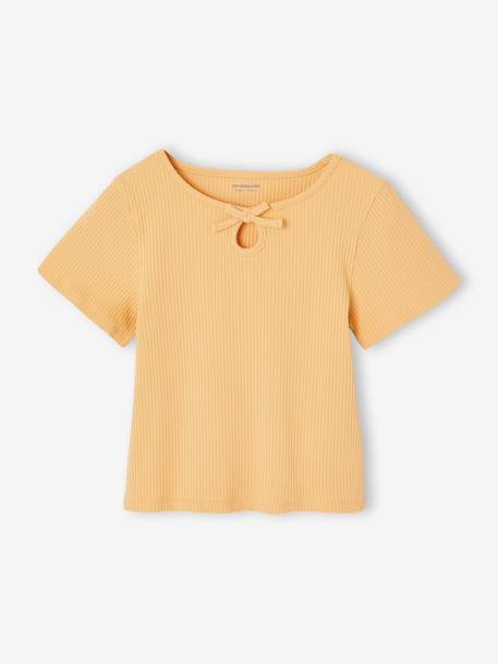 Girl's fancy bow t-shirt striped blue+yellow 