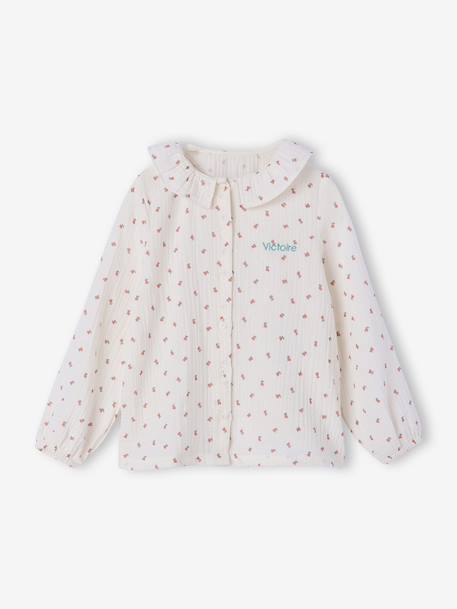Girls' floral cotton muslin pyjamas ecru 