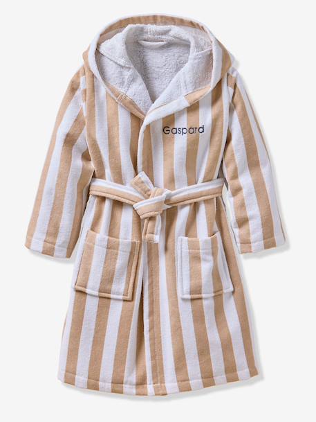 Customisable children's bear bathrobe, with recycled cotton striped beige 