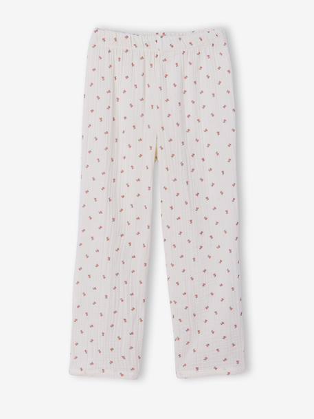 Girls' floral cotton muslin pyjamas ecru 