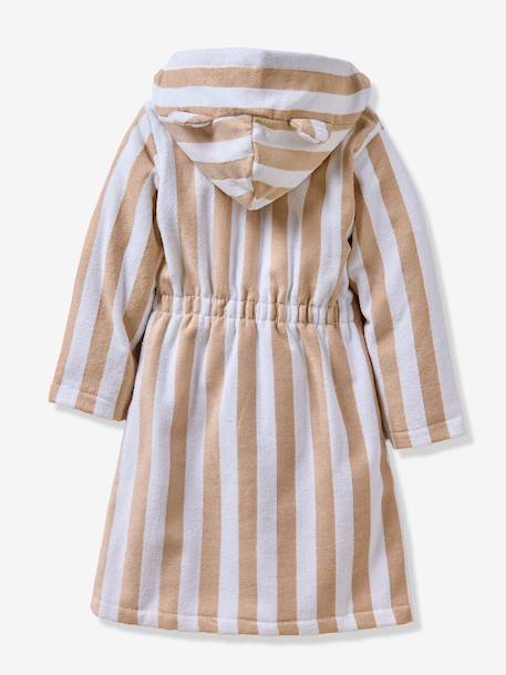 Customisable children's bear bathrobe, with recycled cotton striped beige 