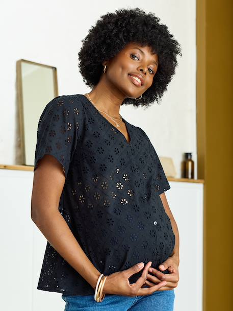 Broderie Anglaise Maternity and Nursing Blouse black+khaki 