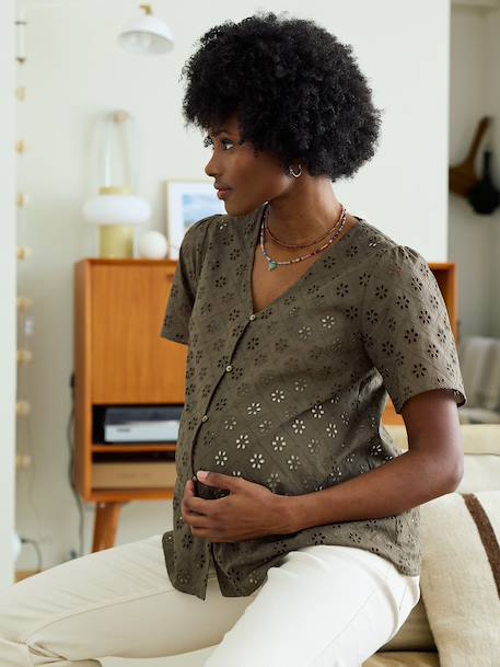 Broderie Anglaise Maternity and Nursing Blouse black+khaki 