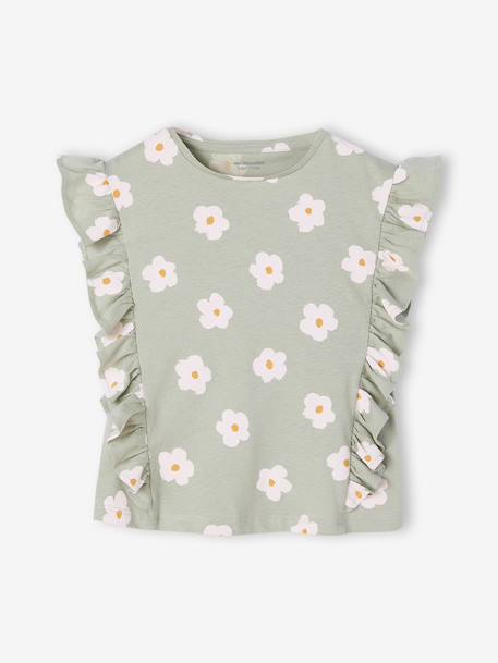 Girl's short-sleeved t-shirt with frills navy blue+sage green 