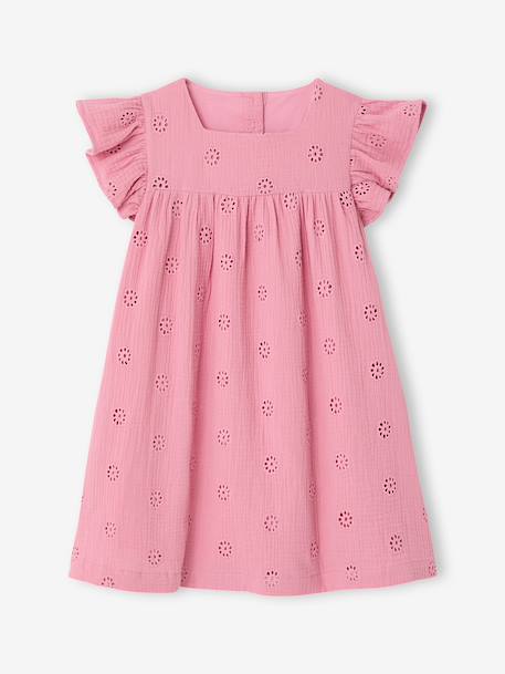 Cotton Gauze Dress with Embroidered Flowers, for Girls coral+old rose+pale blue+pastel yellow+sage green+vanilla 