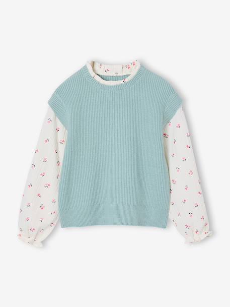 Girl's 2-in-1 jumper with sleeves grey blue+rose 