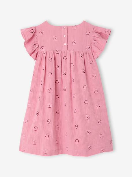 Cotton Gauze Dress with Embroidered Flowers, for Girls coral+old rose+pale blue+pastel yellow+sage green+vanilla 