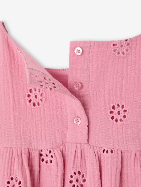 Cotton Gauze Dress with Embroidered Flowers, for Girls coral+old rose+pale blue+pastel yellow+sage green+vanilla 