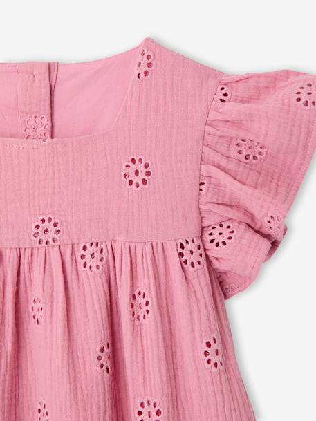 Cotton Gauze Dress with Embroidered Flowers, for Girls coral+old rose+pale blue+pastel yellow+sage green+vanilla 