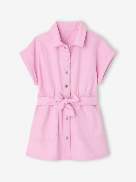 Girl's belted dress in cotton twill mauve 