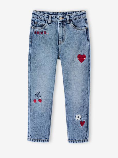 Girls' embroidered floral Mom jeans blue+light blue+medium blue 