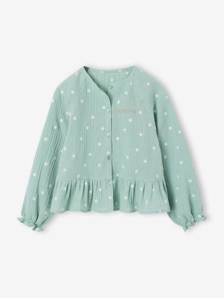 Girl's cotton gauze shirt aqua green+pale pink 