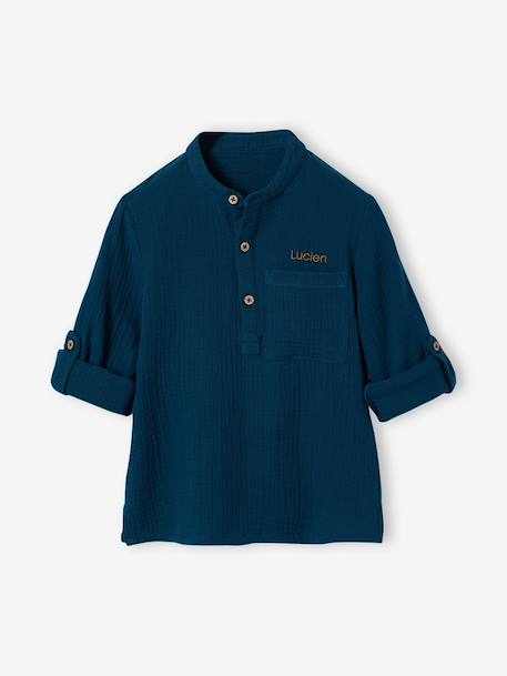 Cotton Gauze Shirt, Roll-Up Sleeves, for Boys aqua green+BLUE MEDIUM SOLID+ecru+green+petrol blue 