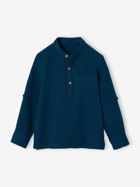 Cotton Gauze Shirt, Roll-Up Sleeves, for Boys aqua green+BLUE MEDIUM SOLID+ecru+green+petrol blue 