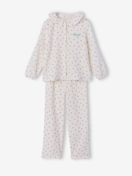 Girls' floral cotton muslin pyjamas ecru 