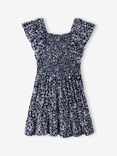 Smocked print dress navy blue 