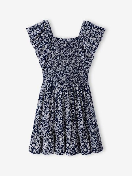 Smocked print dress navy blue 
