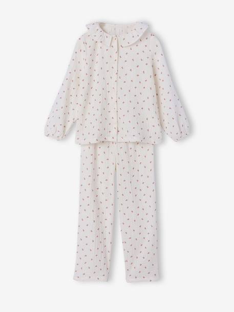 Girls' floral cotton muslin pyjamas ecru 