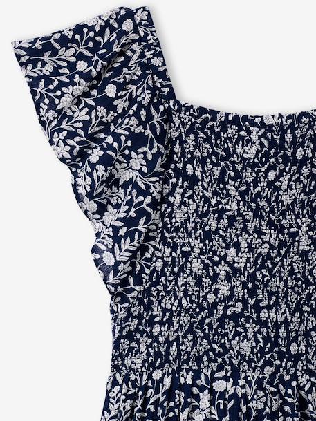 Smocked print dress navy blue 