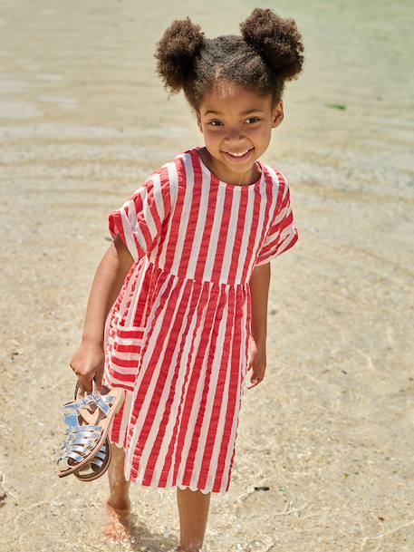 Seersucker Dress for Girls striped red 