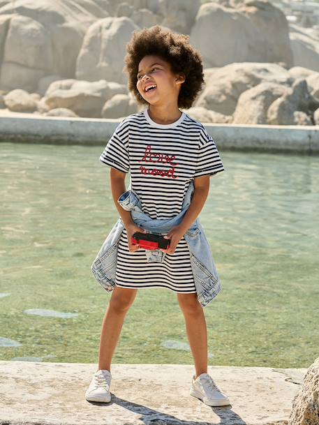 Girls' dress in lightweight fleece green+marl grey+sage green+striped blue 