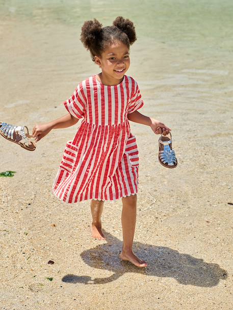 Seersucker Dress for Girls striped red 