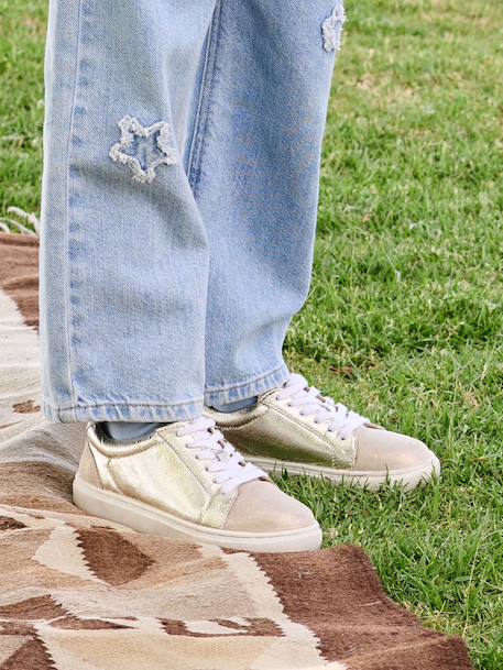 Leather Lace-Up Trainers for Children gold+printed beige 