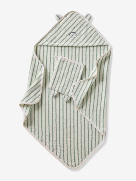 Bath Cape In Jacquard Stripes + Wash Mitt sage green 
