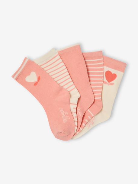 Pack of 5 Pairs of Heart Socks for Girls apricot+chambray blue 
