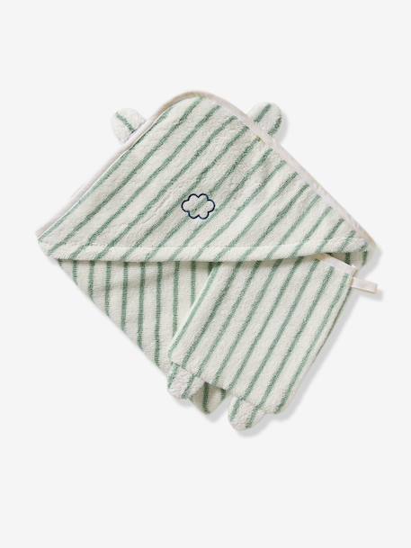 Bath Cape In Jacquard Stripes + Wash Mitt sage green 