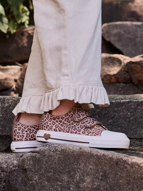 Printed Canvas Trainers with Hook-and-Loop Straps for Children, Designed for Autonomy printed beige+printed pink 
