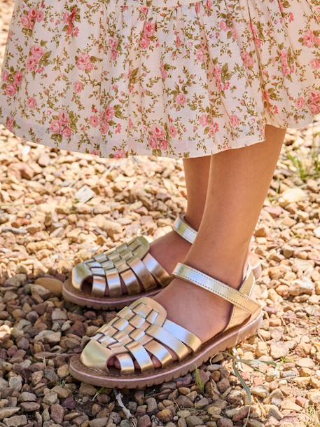 Hook-&-Loop Leather Sandals for Children, Designed for Autonomy ecru+gold 