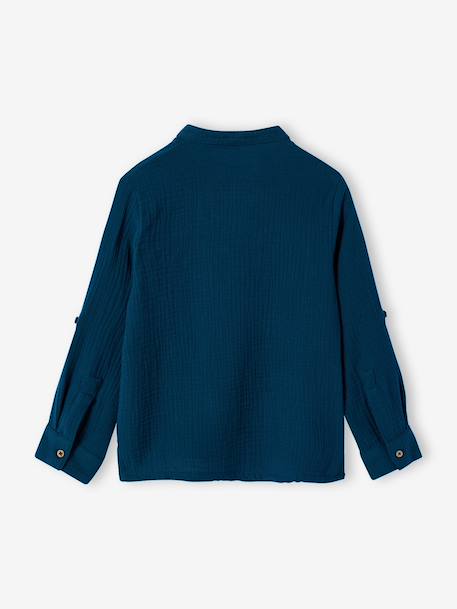 Cotton Gauze Shirt, Roll-Up Sleeves, for Boys aqua green+BLUE MEDIUM SOLID+ecru+green+petrol blue 