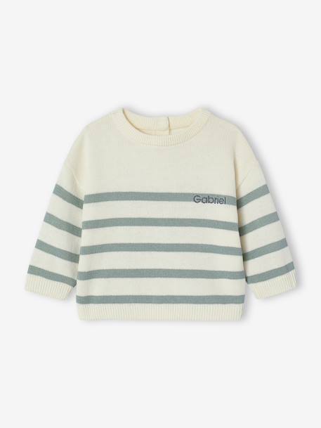 Striped knitted baby jumper caramel+navy blue+sage green 