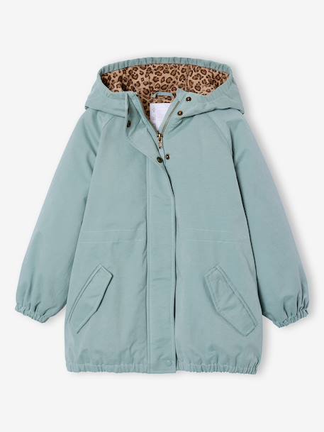 Girl's long hooded parka grey green 