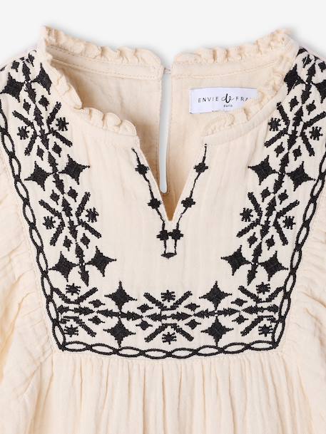 Girl's embroidered gauze dress, knee-length sandy beige 