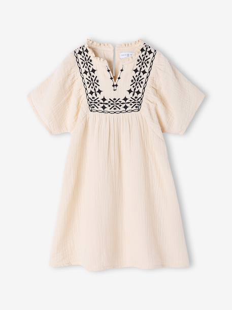 Girl's embroidered gauze dress, knee-length sandy beige 