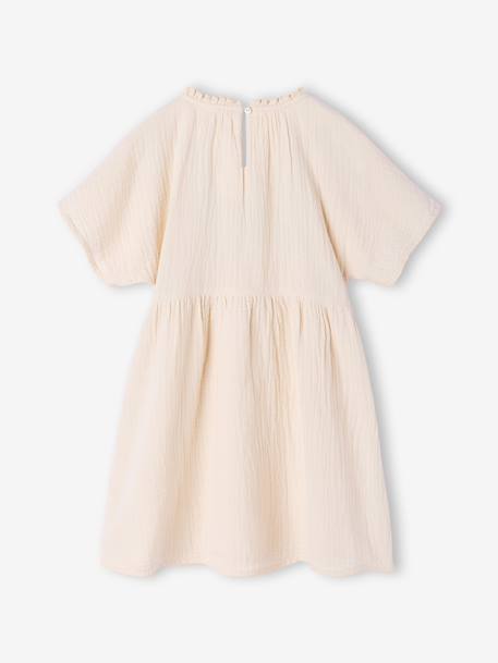 Girl's embroidered gauze dress, knee-length sandy beige 